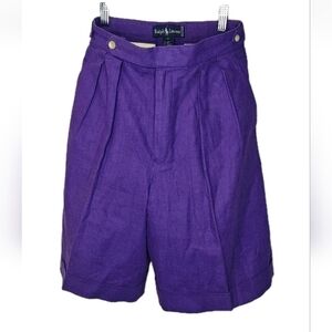 Vtg 80s Polo Ralph Lauren Linen Pleated Cuffed Long Shorts Sz 6 26/8.5" Purple